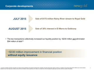 Corporate developments
41. Assumes completion of El Morro transaction and receipt of second installment of $75 million from Royal Gold. Completion of the sale of New Gold’s interest in El Morro is conditional on the closing of the El Morro-Relincho joint venture between
Goldcorp Inc. and Teck Resources Limited as well as other key conditions. Second installment of $75 million is to be paid when 60% of development capital spent and other customary conditions are satisfied.
• The two transactions collectively increased our liquidity position by ~$235 million and eliminated
$94 million of debt(1)
~$330 million improvement in financial position
without equity issuance
Sale of $175 million Rainy River stream to Royal Gold
Sale of 30% interest in El Morro to Goldcorp
JULY 2015
AUGUST 2015
 