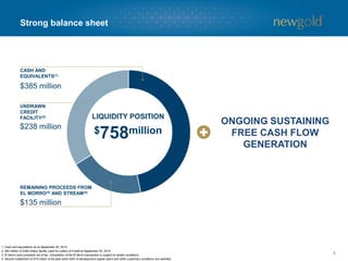 8
Strong balance sheet
1. Cash and equivalents as at September 30, 2015.
2. $62 million of $300 million facility used for Letters of Credit at September 30, 2015.
3. El Morro cash proceeds net of tax. Completion of the El Morro transaction is subject to certain conditions.
4. Second installment of $75 million to be paid when 60% of development capital spent and other customary conditions are satisfied.
$758million
LIQUIDITY POSITION
$238 million
UNDRAWN
CREDIT
FACILITY(2)
CASH AND
EQUIVALENTS(1)
$385 million
ONGOING SUSTAINING
FREE CASH FLOW
GENERATION
$135 million
REMAINING PROCEEDS FROM
EL MORRO(3) AND STREAM(4)
 