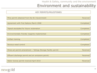 Health & Safety, community and the environment

                                     Environment and sustainability
                                   KEY PERMITS/MILESTONES

Mine permit obtained from the B.C Government                                  Received


Agreement with First Nations March 2008                                     Completed


Topsoil stockpiled for future reclamation                                   Completed


Environmentally friendly reagents implemented                               Completed


Artifact training                                                           Completed


Noxious weed control                                                        Completed


Mines act permit amendment – Tailings Storage Facility permit                 Received


Effluent discharge permit and air emissions permit                            Received


Water license permit received April 2010                                      Received



                                                                                         28
 