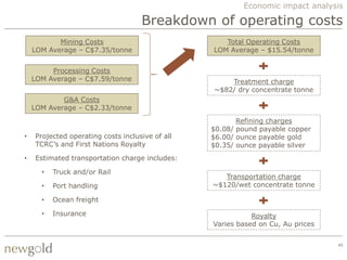 Economic impact analysis

                                    Breakdown of operating costs
           Mining Costs                             Total Operating Costs
    LOM Average – C$7.35/tonne                   LOM Average – $15.54/tonne


         Processing Costs
    LOM Average – C$7.59/tonne                       Treatment charge
                                                 ~$82/ dry concentrate tonne
            G&A Costs
    LOM Average – C$2.33/tonne
                                                        Refining charges
                                                 $0.08/ pound payable copper
•   Projected operating costs inclusive of all   $6.00/ ounce payable gold
    TCRC‟s and First Nations Royalty             $0.35/ ounce payable silver
•   Estimated transportation charge includes:

      •   Truck and/or Rail
                                                    Transportation charge
      •   Port handling                          ~$120/wet concentrate tonne

      •   Ocean freight

      •   Insurance                                         Royalty
                                                 Varies based on Cu, Au prices

                                                                                 45
 
