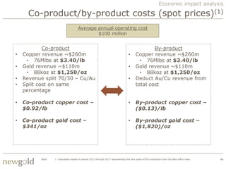 Economic impact analysis

      Co-product/by-product costs (spot prices)(1)
                                       Average annual operating cost
                                               $100 million


            Co-product                                                                             By-product
•   Copper revenue ~$260m                                                            •     Copper revenue ~$260m
     • 76Mlbs at $3.40/lb                                                                    • 76Mlbs at $3.40/lb
•   Gold revenue ~$110m                                                              •     Gold revenue ~$110m
     • 88koz at $1,250/oz                                                                    • 88koz at $1,250/oz
•   Revenue split 70/30 – Cu/Au                                                      •     Deduct Au/Cu revenue from
•   Split cost on same                                                                     total cost
    percentage

•   Co-product copper cost –                                                         •     By-product copper cost –
    $0.92/lb                                                                               ($0.13)/lb

•   Co-product gold cost –                                                           •     By-product gold cost –
    $341/oz                                                                                ($1,820)/oz




           Note:   1. Calculation based on period 2013 through 2017 representing first five years of full production from the New Afton mine.   46
 