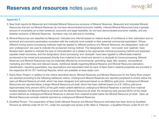Reserves and resources notes (cont’d)
34
5. New Gold reports its Measured and Indicated Mineral Resources exclusive of Mineral Reserves. Measured and Indicated Mineral
Resources that are not Mineral Reserves do not have demonstrated economic viability. Inferred Mineral Resources have a greater
amount of uncertainty as to their existence, economic and legal feasibility, do not have demonstrated economic viability, and are
likewise exclusive of Mineral Reserves. Numbers may not add due to rounding.
6. Mineral Resources are classified as Measured, Indicated and Inferred based on relative levels of confidence in their estimation and on
technical and economic parameters consistent with the methods most suitable to their potential commercial exploitation. Where
different mining and/or processing methods might be applied to different portions of a Mineral Resource, the designators ‘open pit’
and ‘underground’ are used to indicate the envisioned mining method. The designators ‘oxide’, ‘non-oxide’ and ‘sulphide’ have
likewise been applied to indicate the type of mineralization as it relates to the appropriate mineral processing method and expected
payable metal recoveries, and the designators ‘direct processing’ and ‘stockpile’ have been applied to differentiate material
envisioned to be mined and processed directly from material to be mined and stored in a stockpile for future processing. Mineral
Reserves and Mineral Resources may be materially affected by environmental, permitting, legal, title, taxation, sociopolitical,
marketing and other risks and relevant issues. Additional details regarding Mineral Reserve and Mineral Resource estimation,
classification, reporting parameters, key assumptions and associated risks for each of New Gold’s material properties are provided in
the respective NI 43-101 Technical Reports, which are available at www.sedar.com.
7. Rainy River Project: In addition to the criteria described above, Mineral Reserves and Mineral Resources for the Rainy River project
are reported according to the following additional criteria: Underground Mineral Reserves are reported peripheral to and/or below the
open pit Mineral Reserve pit shell, which has been designed and optimized based on an $800/oz gold price. Underground Mineral
Resources are reported below a larger Mineral Resource pit shell, which has been defined based on a $1,350/oz gold price.
Approximately forty percent (40%) of the gold metal content defined as underground Mineral Reserves is derived from material
located between the Mineral Reserve pit shell and the Mineral Resource pit shell; the remaining sixty percent (60%) of the metal
content defined as underground Mineral Reserves is derived from material located below the Mineral Resource pit shell. Open pit
Mineral Resources exclude material reported as underground Mineral Reserves.
8. Qualified Person: The preparation of New Gold's Mineral Reserve and Mineral Resource estimates has been done by Qualified
Persons as defined under NI 43-101, under the oversight and review of Mr. Mark A. Petersen, a Qualified Person under NI 43-101.
Appendix 3
 