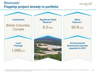 Blackwater
Flagship project already in portfolio
16
Jurisdiction Significant Gold
Reserve(1)
8.2 Moz
Silver
Reserve(1)
60.8 Koz
Land
Package
1,058 km2
Environmental
Assessment permits
expected in 2017
1. For a detailed breakdown of Mineral Resources and Reserves by category, refer to New Gold’s December 31, 2016 MD&A. Refer to Endnotes under the heading “Cautionary note to U.S. readers concerning estimates of
Mineral Reserves and Mineral Resources” and “Technical Information”.
British Columbia,
Canada
 