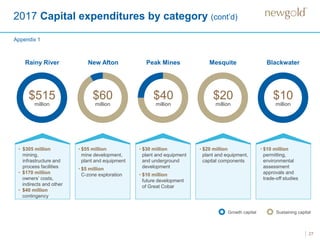 2017 Capital expenditures by category (cont’d)
27
Rainy River New Afton Peak Mines
• $305 million
mining,
infrastructure and
process facilities
• $170 million
owners’ costs,
indirects and other
• $40 million
contingency
• $55 million
mine development,
plant and equipment
• $5 million
C-zone exploration
• $30 million
plant and equipment
and underground
development
• $10 million
future development
of Great Cobar
Growth capital Sustaining capital
Mesquite Blackwater
• $20 million
plant and equipment,
capital components
• $10 million
permitting,
environmental
assessment
approvals and
trade-off studies
$515
million
$60
million
$40
million
$20
million
$10
million
Appendix 1
 