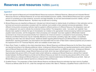 Reserves and resources notes (cont’d)
38
5. New Gold reports its Measured and Indicated Mineral Resources exclusive of Mineral Reserves. Measured and Indicated Mineral
Resources that are not Mineral Reserves do not have demonstrated economic viability. Inferred Mineral Resources have a greater
amount of uncertainty as to their existence, economic and legal feasibility, do not have demonstrated economic viability, and are
likewise exclusive of Mineral Reserves. Numbers may not add due to rounding.
6. Mineral Resources are classified as Measured, Indicated and Inferred based on relative levels of confidence in their estimation and on
technical and economic parameters consistent with the methods most suitable to their potential commercial exploitation. Where
different mining and/or processing methods might be applied to different portions of a Mineral Resource, the designators ‘open pit’
and ‘underground’ are used to indicate the envisioned mining method. The designators ‘oxide’, ‘non-oxide’ and ‘sulphide’ have
likewise been applied to indicate the type of mineralization as it relates to the appropriate mineral processing method and expected
payable metal recoveries, and the designators ‘direct processing’ and ‘stockpile’ have been applied to differentiate material
envisioned to be mined and processed directly from material to be mined and stored in a stockpile for future processing. Mineral
Reserves and Mineral Resources may be materially affected by environmental, permitting, legal, title, taxation, sociopolitical,
marketing and other risks and relevant issues. Additional details regarding Mineral Reserve and Mineral Resource estimation,
classification, reporting parameters, key assumptions and associated risks for each of New Gold’s material properties are provided in
the respective NI 43-101 Technical Reports, which are available at www.sedar.com.
7. Rainy River Project: In addition to the criteria described above, Mineral Reserves and Mineral Resources for the Rainy River project
are reported according to the following additional criteria: Underground Mineral Reserves are reported peripheral to and/or below the
open pit Mineral Reserve pit shell, which has been designed and optimized based on an $800/oz gold price. Underground Mineral
Resources are reported below a larger Mineral Resource pit shell, which has been defined based on a $1,350/oz gold price.
Approximately forty percent (40%) of the gold metal content defined as underground Mineral Reserves is derived from material
located between the Mineral Reserve pit shell and the Mineral Resource pit shell; the remaining sixty percent (60%) of the metal
content defined as underground Mineral Reserves is derived from material located below the Mineral Resource pit shell. Open pit
Mineral Resources exclude material reported as underground Mineral Reserves.
8. Qualified Person: The preparation of New Gold's Mineral Reserve and Mineral Resource estimates has been done by Qualified
Persons as defined under NI 43-101, under the oversight and review of Mr. Mark A. Petersen, a Qualified Person under NI 43-101.
Appendix 4
 