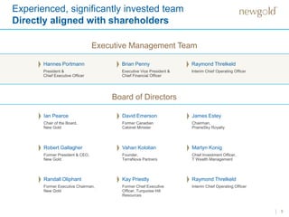 Experienced, significantly invested team
Directly aligned with shareholders
5
Executive Management Team
Hannes Portmann
President &
Chief Executive Officer
Brian Penny
Executive Vice President &
Chief Financial Officer
Raymond Threlkeld
Interim Chief Operating Officer
Ian Pearce
Chair of the Board,
New Gold
Board of Directors
David Emerson
Former Canadian
Cabinet Minister
James Estey
Chairman,
PrairieSky Royalty
Robert Gallagher
Former President & CEO,
New Gold
Randall Oliphant
Former Executive Chairman,
New Gold
Vahan Kololian
Founder,
TerraNova Partners
Kay Priestly
Former Chief Executive
Officer, Turquoise Hill
Resources
Martyn Konig
Chief Investment Officer,
T Wealth Management
Raymond Threlkeld
Interim Chief Operating Officer
 