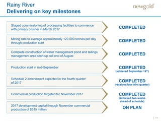 11
Rainy River
Delivering on key milestones
Staged commissioning of processing facilities to commence
with primary crusher in March 2017 COMPLETED
Mining rate to average approximately 120,000 tonnes per day
through production start
COMPLETED
Complete construction of water management pond and tailings
management area start-up cell end of August COMPLETED
Production start in mid-September COMPLETED
Schedule 2 amendment expected in the fourth quarter
of 2017 COMPLETED
Commercial production targeted for November 2017 COMPLETED
2017 development capital through November commercial
production of $515 million ON PLAN
(achieved September 14th)
(received late third quarter)
(achieved two weeks
ahead of schedule)
 