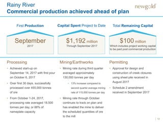 12
Rainy River
Commercial production achieved ahead of plan
First Production Capital Spent Project to Date Total Remaining Capital
September
2017 Through September 2017
$1,192 million $100 million
Permitting
• Approval for design and
construction of creek closures
using sheet pile received in
August 2017
• Schedule 2 amendment
received in September 2017
Processing
• Achieved start-up on
September 14, 2017 with first pour
on October 6, 2017
• Over first 30 days, successfully
processed over 455,000 tonnes
of ore
• From October 1-24, 2017,
processing rate averaged 18,500
tonnes per day, or 88% of
nameplate capacity
Mining/Earthworks
• Mining rate during third quarter
averaged approximately
130,000 tonnes per day
• 13% increase compared to
second quarter average mining
rate of 115,000 tonnes per day
• Mining rate through October
continues to track on plan and
has enabled the mine to deliver
the scheduled quantities of ore
to the mill
Which includes project working capital
to be paid post commercial production
 