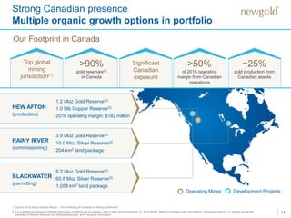 Operating Mines
Strong Canadian presence
Multiple organic growth options in portfolio
14
1. Source: 2015 Behre Dolbear Report – “2015 Ranking of Countries for Mining Investment”.
2. For a detailed breakdown of Mineral Resources and Reserves by category, refer to New Gold’s December 31, 2016 MD&A. Refer to Endnotes under the heading “Cautionary note to U.S. readers concerning
estimates of Mineral Reserves and Mineral Resources” and “Technical Information”.
Our Footprint in Canada
Top global
mining
jurisdiction(1)
>90%
gold reserves(2)
in Canada
Significant
Canadian
exposure
>50%
of 2016 operating
margin from Canadian
operations
~25%
gold production from
Canadian assets
Development Projects
NEW AFTON
(production)
1.2 Moz Gold Reserve(2)
1.0 Blb Copper Reserve(2)
2016 operating margin: $182 million
RAINY RIVER
(commissioning)
3.9 Moz Gold Reserve(2)
10.0 Moz Silver Reserve(2)
204 km2 land package
BLACKWATER
(permitting)
8.2 Moz Gold Reserve(2)
60.8 Moz Silver Reserve(2)
1,058 km2 land package
 