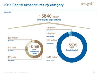 2017 Capital expenditures by category
24
New Afton
Peak Mines
Mesquite
Rainy River(1)
Blackwater
New Afton
Total Capital Expenditures
~$640 million
Growth Capital
~$535
million
Sustaining
Capital
~$105
million
$20 million
$30 million
$55 million
$5 million
$10 million
$515 million
Appendix 1
Peak Mines
$5 million
1. Growth capital to November 2017 commercial production.
 