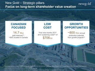 3
New Gold – Strategic pillars
Focus on long-term shareholder value creation
1. For a detailed breakdown of Mineral Resources and Reserves by category, refer to New Gold’s December 31, 2016 MD&A. Refer to Endnotes under the heading “Cautionary note to U.S. readers concerning estimates
of Mineral Reserves and Mineral Resources” and “Technical Information”.
2. Refer to Endnote on all-in sustaining costs under the heading “Non-GAAP Measures”.
3. Based on 325 Koz annual production from Rainy River and ~485 Koz annual production from Blackwater, as outlined in the feasibility studies for the projects.
CANADIAN
FOCUSED
14.7 Moz
gold reserves(1),
>90% located in Canada
First nine months 2017
all-in sustaining costs(2) of
$706/oz
~800 Koz annual
production potential
from growth projects(3)
LOW
COST
GROWTH
OPPORTUNITIES
 