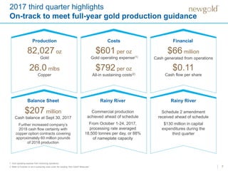 7
Production
82,027 oz
Gold
26.0 mlbs
Copper
Costs
Rainy River
$601 per oz
Gold operating expense(1)
$792 per oz
All-in sustaining costs(2)
1. Gold operating expense from continuing operations.
2. Refer to Endnote on all-in sustaining costs under the heading “Non-GAAP Measures”.
Financial
$66 million
Cash generated from operations
$0.11
Cash flow per share
Balance Sheet
$207 million
Cash balance at Sept 30, 2017
Further increased company’s
2018 cash flow certainty with
copper option contracts covering
approximately 60 million pounds
of 2018 production
Rainy River
Commercial production
achieved ahead of schedule
From October 1-24, 2017,
processing rate averaged
18,500 tonnes per day, or 88%
of nameplate capacity
Schedule 2 amendment
received ahead of schedule
$130 million in capital
expenditures during the
third quarter
2017 third quarter highlights
On-track to meet full-year gold production guidance
 