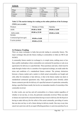 Page NO: 23
GOLD:
Price Quotation Lot Size Margin
Mega 10 Gram 1 Kg 5%
Mini 10 Grams 100 Grams 5%
Guinea 8 Grams 8 Grams 5%
Petal 1Gram 1 Gram 5%
Table 3.2 The market timings for trading on the online platform of the Exchange
(NSEL) are as under
Products Monday to Friday Saturday
AGRI 09:00 to 18:00 09:00 to 14:00
NON-AGRI 09:00 to 23:30 09:00 to 14:00
Intraday
Contracts(Agri/non-agri) 09:00 to 16:00
E-series product 09:00 to 23:30
3.2 Futures Trading
There are many exchanges in India that provide trading in commodity futures. The
major exchanges that provide futures trading in commodities in India are MCX and
NCDEX.
A commodity futures market (or exchange) is, in simple terms, nothing more or less
than a public marketplace where commodities are contracted for purchase or sale at an
agreed price for delivery at a specified date. These purchases and sales, which must be
made through a broker who is a member of an organized exchange, are made under the
terms and conditions of a standardized futures contract. The primary distinction
between a futures market and a market in which actual commodities are bought and
sold, either for immediate or later delivery, is that in the futures market one deals in
standardized contractual agreements only. These agreements (more formally called
futures contracts) provide for delivery of a specified amount of a particular commodity
during a specified future month, but involve no immediate transfer of ownership of the
commodity involved.
In other words, one can buy and sell commodities in a futures market regardless of
whether or not one has, or owns, the particular commodity involved. When one deals
in futures one need not be concerned about having to receive delivery (for the buyer) or
having to make delivery (for the seller) of the actual commodity, providing of course
that one does not buy or sell a future during its delivery month. One may at any time
cancel out a previous sale by an equal offsetting purchase or a previous purchase by an
 