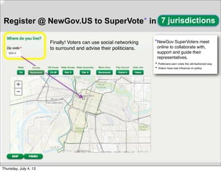 Register @ NewGov.US to SuperVote* in
Finally! Voters can use social networking
to surround and advise their politicians.
NewGov SuperVoters meet
online to collaborate with,
support and guide their
representatives.
*
• Politicians earn votes the old-fashioned way
• Voters have real inﬂuence on policy
7 jurisdictions
Thursday, July 4, 13
 