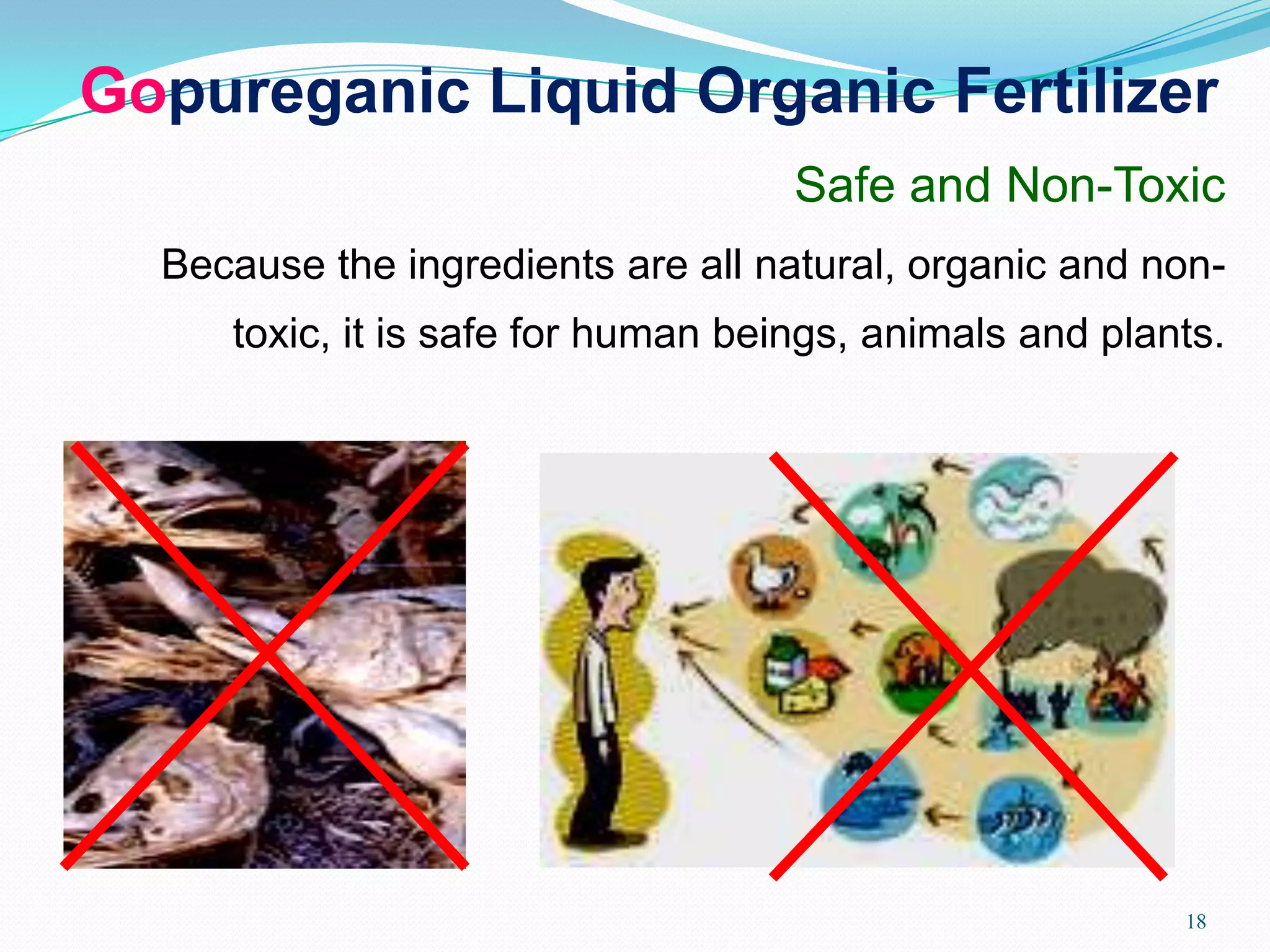 Safe and Non-Toxic
Because the ingredients are all natural, organic and non-
toxic, it is safe for human beings, animals and plants.
Gopureganic Liquid Organic Fertilizer
18
 