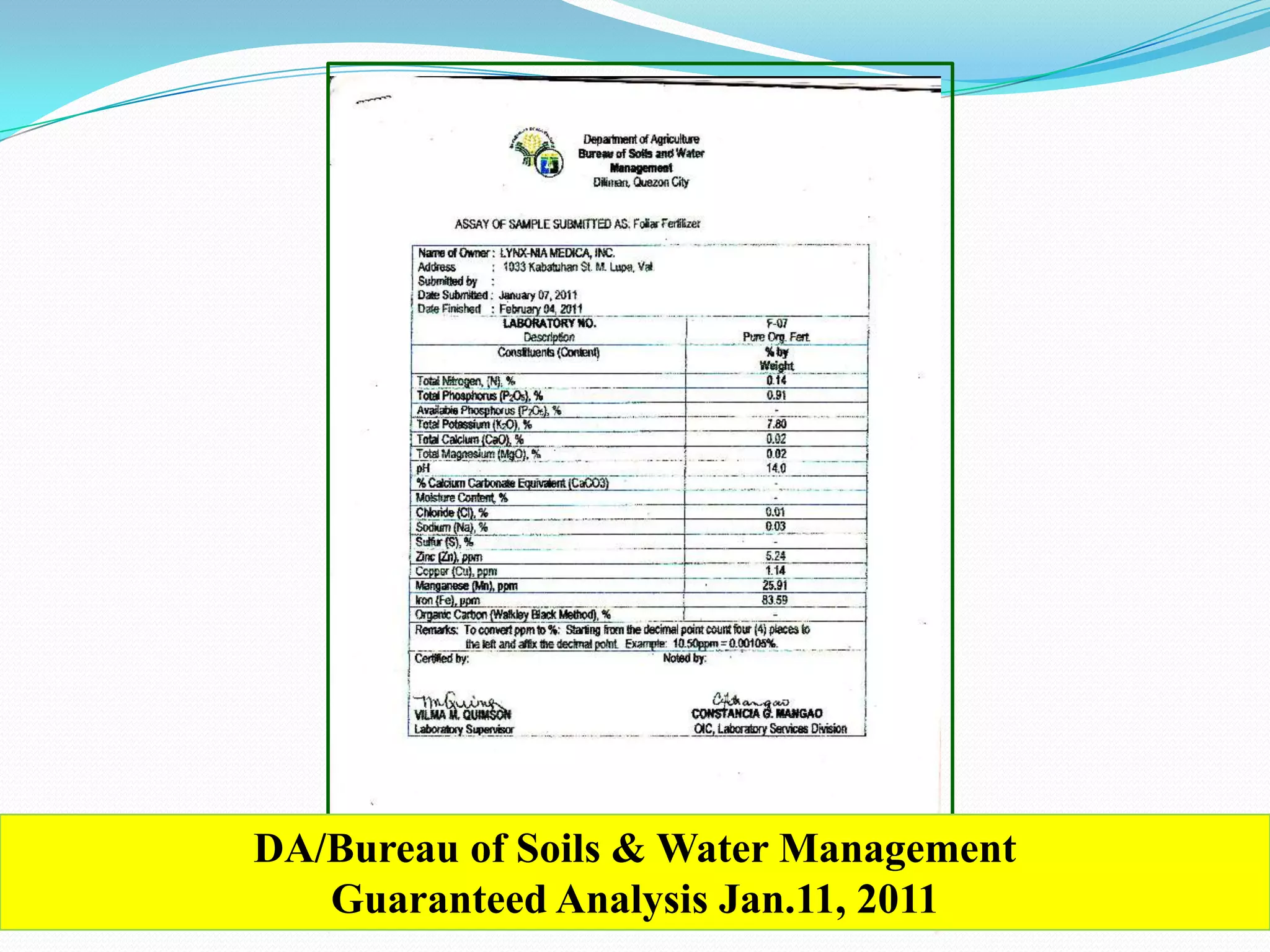 6
DA/Bureau of Soils & Water Management
Guaranteed Analysis Jan.11, 2011
 