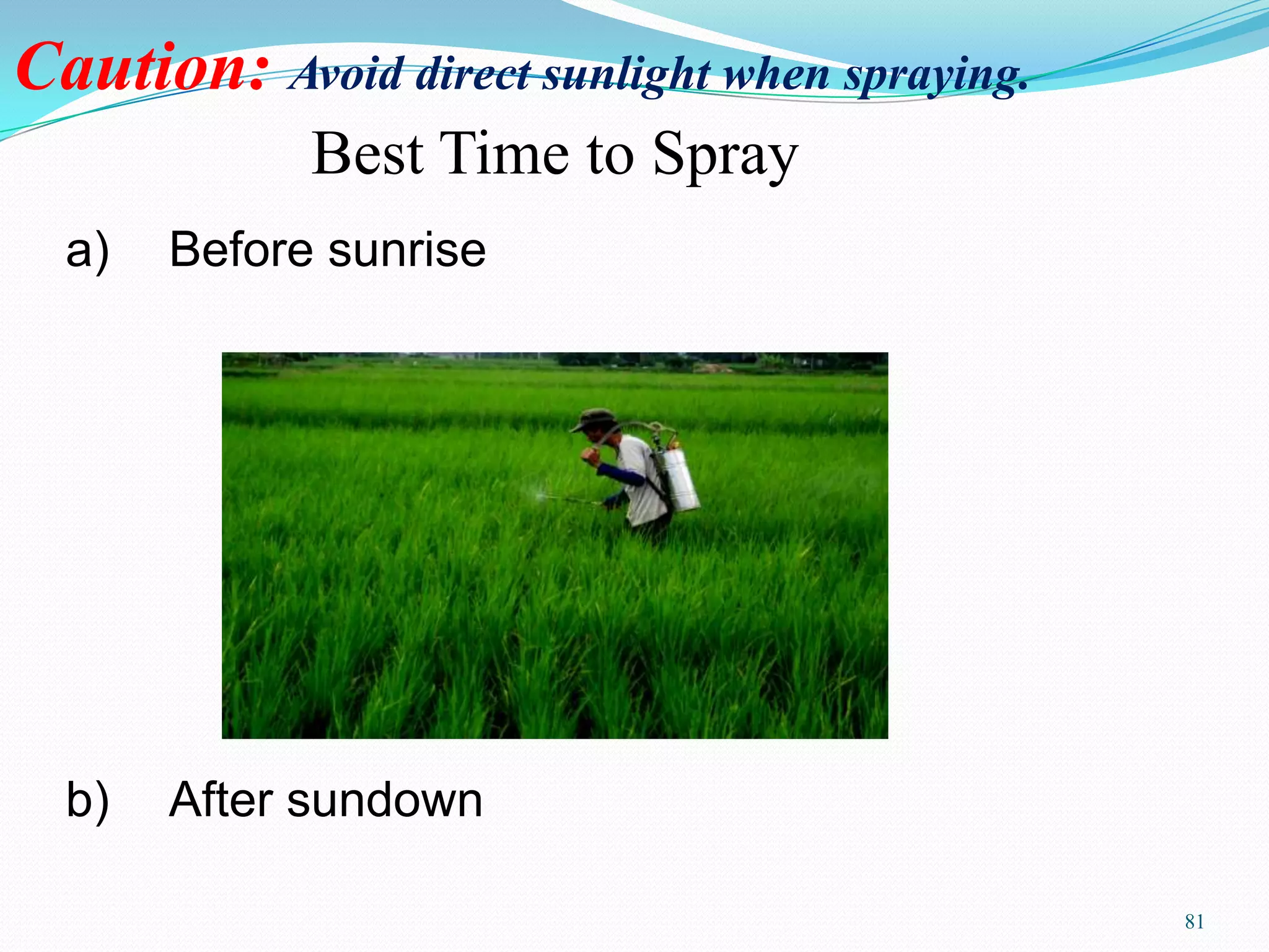 Best Time to Spray
Caution: Avoid direct sunlight when spraying.
a) Before sunrise
b) After sundown
81
 