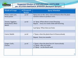 Suggested Dilution of GOPUREGANIC FERTILIZER
per 16-LITER KNAPSACK SPRAYER (Backpack Sprayer)
Spray Scheduleml/Knapsack
Sprayer
Kinds of Crops
Spray once on the stem, roots and leaves when the plant
started or about to produce corm. .
30 mlPotato, water yam,
Sweet potato
!st Spray: When about to start flowering
Repeat: Every two weeks while still flowering
30 mlTomato, Eggplant,
String beans, Bitter
Melon
Last Spray: When there are fruits
1st Spray: when the plants have 6-8 leaves already30 mlCarrot, Radish
Repeat: Every two months
1st Spray: when the plant has 6-8 leaves already
2nd Spray: after two weeks
3rd Spray: on the fourth week
30 mlGinger, Garlic,
Onions
20
 