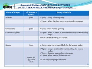 Suggested Dilution of GOPUREGANIC FERTILIZER
per 16-LITER KNAPSACK SPRAYER (Backpack Sprayer)
Spray Scheduleml/Knapsack
Sprayer
Kinds of Crops
1st Spray: During flowering stage30 mlPeanuts
2nd Spray: when the plant starts to produce legume pods.
1st Spray: while plant is growing30 mlOrchids and
2nd Spray: when its about to produce flowers or near flowering
stage.
Ornamental plants
Repeat: after harvesting the flowers.
!st Spray: spray the prepared hole for the banana sucker60 mlBanana
2nd Spray: spray 3 months after transplanting the banana
sucker.
3rd Spray: shooting stage or flowering stage
4th Spray: when banana fruits come out
For aerial spraying of plants leaves
298 ml per
159- liters
Drum
21
 