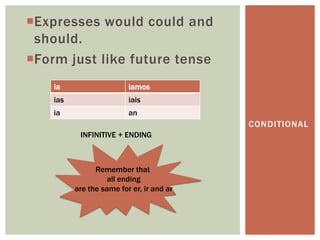 CONDITIONAL
INFINITIVE + ENDING
Remember that
all ending
are the same for er, ir and ar
Expresses would could and
should.
Form just like future tense
ia iamos
ias iais
ia an
 