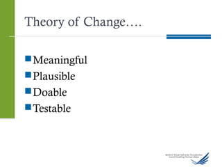 Theory of Change….
Meaningful
Plausible
Doable
Testable
 