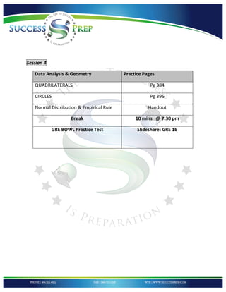 !


!

!

!

Session'4''

    Data!Analysis!&!Geometry!               Practice!Pages!

    QUADRILATERALS!                                     Pg!384!

    CIRCLES!                                            Pg!396!

    Normal!Distribution!&!Empirical!Rule!              Handout!

                      Break!                     10!mins!!!@!7.30!pm!

              GRE!BOWL!Practice!Test!             Slideshare:!GRE!1b!

    !

!
!

!

!

!

!

!

!

                                        !




!
 