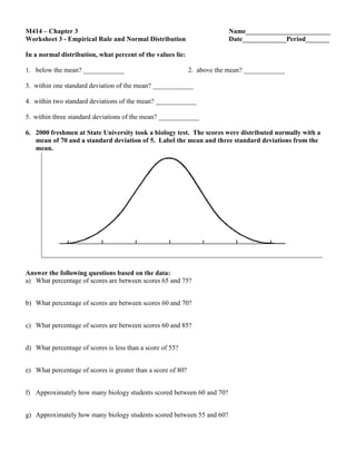 M414 – Chapter 3                                                           Name_________________________
Worksheet 3 - Empirical Rule and Normal Distribution                       Date_____________Period_______

In a normal distribution, what percent of the values lie:

1. below the mean? ____________                               2. above the mean? ____________

3. within one standard deviation of the mean? ____________

4. within two standard deviations of the mean? ____________

5. within three standard deviations of the mean? ____________

6. 2000 freshmen at State University took a biology test. The scores were distributed normally with a
   mean of 70 and a standard deviation of 5. Label the mean and three standard deviations from the
   mean.




Answer the following questions based on the data:
a) What percentage of scores are between scores 65 and 75?


b) What percentage of scores are between scores 60 and 70?


c) What percentage of scores are between scores 60 and 85?


d) What percentage of scores is less than a score of 55?


e) What percentage of scores is greater than a score of 80?


f) Approximately how many biology students scored between 60 and 70?


g) Approximately how many biology students scored between 55 and 60?
 