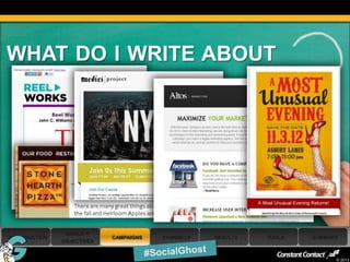 WHAT DO I WRITE ABOUT




                 GOALS +
 INTRODUCTION                CAMPAIGNS   CHANNELS   RESULTS   TOOLS   SUMMARY
                OBJECTIVES

30
                                                                            © 2013
 