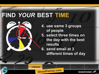 FIND YOUR BEST TIME
                                         4. use same 3 groups
                                            of people
                                         5. select three times on
                                            the day with the best
                                            results
                                         6. send email at 3
                                            different times of day


                 GOALS +
 INTRODUCTION                CAMPAIGNS     CHANNELS   RESULTS   TOOLS   SUMMARY
                OBJECTIVES

47
                                                                              © 2013
 