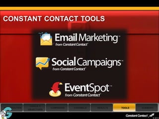 CONSTANT CONTACT TOOLS




                GOALS +
INTRODUCTION                CAMPAIGNS   CHANNELS   RESULTS   TOOLS   SUMMARY
               OBJECTIVES


                                                                           © 2013
 