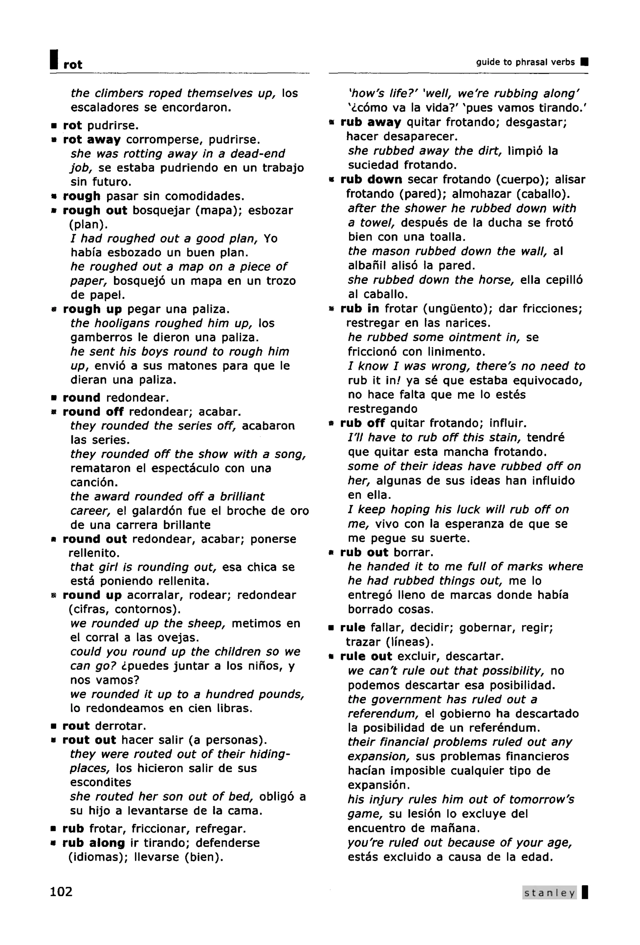 I   rot                                                                      guide to phrasal verbs


      the climbers roped themselves up, los             'how's life?' 'well, we're rubbing along'
      escaladores se encordaron.                       '¿como va la vida?' 'pues vamos tirando.'
•   rot pudrirse.                                •   rub away quitar frotando; desgastar;
»   rot away corromperse, pudrirse.                   hacer desaparecer.
      she was rotting away in a dead-end               she rubbed away the dirt, limpio la
     job, se estaba pudriendo en un trabajo            suciedad frotando.
      sin futuro.                                •   rub down secar frotando (cuerpo); alisar
•   rough pasar sin comodidades.                      frotando (pared); almohazar (caballo).
•   rough out bosquejar (mapa); esbozar                after the shower he rubbed down with
     (plan).                                           a towel, despues de la ducha se froto
      / had roughed out a good plan, Yo                bien con una toalla.
      habfa esbozado un buen plan.                     the mason rubbed down the wall, aI
      he roughed out a map on a piece of               albanil aliso la pared.
     paper, bosquejo un mapa en un trozo               she rubbed down the horse, ella cepillo
      de papel.                                        al caballo.
•   rough up pegar una paliza.                   •   rub in frotar (unguento); dar fricciones;
      the hooligans roughed him up, los               restregar en las narices.
      gamberros le dieron una paliza.                  he rubbed some ointment in, se
      he sent his boys round to rough him              fricciono con linimento.
      up, envio a sus matones para que le              / know I was wrong, there's no need to
      dieran una paliza.                               rub it in! ya se que estaba equivocado,
•   round redondear.                                   no hace falta que me lo estes
•   round off redondear; acabar.                       restregando
      they rounded the series off, acabaron      »   rub off quitar frotando; influir.
      las series.                                      /'// have to rub off this stain, tendre
      they rounded off the show with a song,           que quitar esta mancha frotando.
      remataron el espectaculo con una                 some of their ideas have rubbed off on
      cancion.                                         her, algunas de sus ideas han influido
      the award rounded off a brilliant                en ella.
      career, el galardon fue el broche de oro         / keep hoping his luck will rub off on
      de una carrera brillante                         me, vivo con la esperanza de que se
•   round out redondear, acabar; ponerse               me pegue su suerte.
     rellenito.                                  •   rub out borrar.
      that girl is rounding out, esa chica se          he handed it to me full of marks where
      esta poniendo rellenita.                         he had rubbed things out, me lo
«   round up acorralar, rodear; redondear              entrego lleno de marcas donde habfa
     (cifras, contornos).                              borrado cosas.
      we rounded up the sheep, metimos en        •   rule fallar, decidir; gobernar, regir;
      el corral a las ovejas.                         trazar (Imeas).
      could you round up the children so we      •   rule out excluir, descartar.
      can go? dpuedes juntar a los nifios, y           we can't rule out that possibility, no
      nos vamos?                                       podemos descartar esa posibilidad.
      we rounded it up to a hundred pounds,            the government has ruled out a
      lo redondeamos en cien libras.                   referendum, el gobierno ha descartado
•   rout derrotar.                                     la posibilidad de un referendum.
•   rout out hacer salir (a personas).                 their financial problems ruled out any
      they were routed out of their hiding-            expansion, sus problemas financieros
     places, los hicieron salir de sus                 hacian imposible cualquier tipo de
     escondites                                        expansion.
     she routed her son out of bed, obligo a           his injury rules him out of tomorrow's
     su hijo a levantarse de la cama.                  game, su lesion lo excluye del
•   rub frotar, friccionar, refregar.                  encuentro de mafiana.
«   rub along ir tirando; defenderse                   you're ruled out because of your age,
     (idiomas); llevarse (bien).                       estas excluido a causa de la edad.

102                                                                                     Stanley |
 