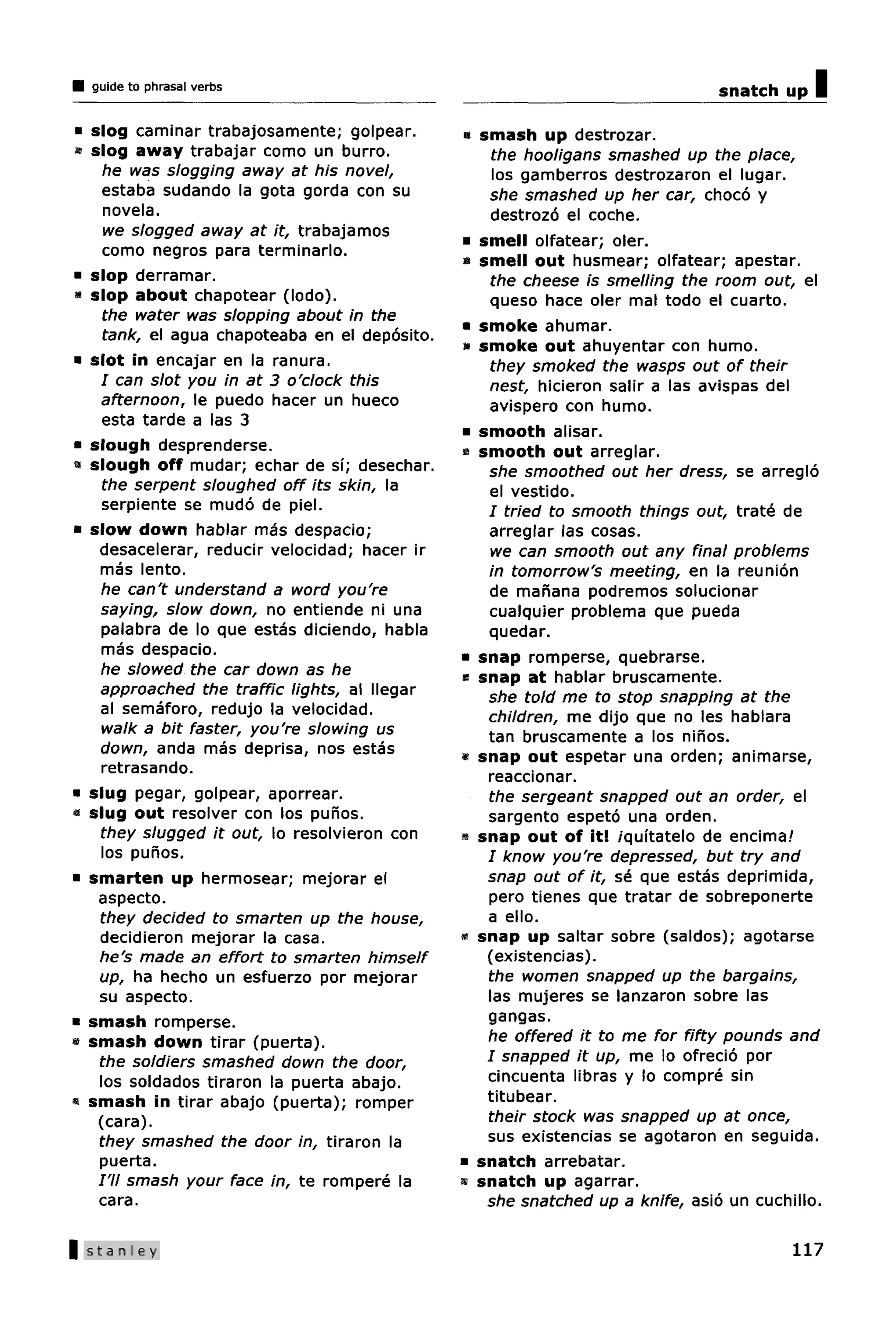 guide to phrasal verbs                                                       snatch up    I
• slog caminar trabajosamente; golpear.         » smash up destrozar.
» slog away trabajar como un burro.                 the hooligans smashed up the place,
    he was slogging away at his novel,              los gamberros destrozaron el lugar.
    estaba sudando la gota gorda con su            she smashed up her car, choco y
    novela.                                         destrozo el coche.
    we slogged away at it, trabajamos
                                               • smell olfatear; oler.
    como negros para terminarlo.
                                               » smell out husmear; olfatear; apestar.
• slop derramar.                                    the cheese is smelling the room out, el
« slop about chapotear (lodo).                      queso hace oler mal todo el cuarto.
    the water was slopping about in the
                                               • smoke ahumar.
    tank, el agua chapoteaba en el deposito.
                                               • smoke out ahuyentar con humo.
• slot in encajar en la ranura.                     they smoked the wasps out of their
    I can slot you in at 3 o'clock this            nest, hicieron salir a las avispas del
    afternoon, le puedo hacer un hueco              avispero con humo.
    esta tarde a las 3
                                               • smooth alisar.
• slough desprenderse.                         « smooth out arreglar.
a slough off mudar; echar de sf; desechar.         she smoothed out her dress, se arreglo
    the serpent sloughed off its skin, la          el vestido.
    serpiente se mudo de piel.                     / tried to smooth things out, trate de
• slow down hablar mas despacio;                   arreglar las cosas.
   desacelerar, reducir velocidad; hacer ir         we can smooth out any final problems
   mas lento.                                      in tomorrow's meeting, en la reunion
   he can't understand a word you're               de manana podremos solucionar
   saying, slow down, no entiende ni una           cualquier problema que pueda
    palabra de lo que estas diciendo, habla        quedar.
    mas despacio.                              • snap romperse, quebrarse.
   he slowed the car down as he                8 snap at hablar bruscamente.
   approached the traffic lights, al llegar        she told me to stop snapping at the
   al semaforo, redujo la velocidad.               children, me dijo que no les hablara
    walk a bit faster, you're slowing us           tan bruscamente a los ninos.
   down, anda mas deprisa, nos estas           • snap out espetar una orden; animarse,
    retrasando.                                    reaccionar.
• slug pegar, golpear, aporrear.                   the sergeant snapped out an order, el
« slug out resolver con los puhos.                 sargento espeto una orden.
   they slugged it out, lo resolvieron con     » snap out of it! /quitatelo de encima/
    los punos.                                     / know you're depressed, but try and
• smarten up hermosear; mejorar el                 snap out of it, se que estas deprimida,
   aspecto.                                        pero tienes que tratar de sobreponerte
   they decided to smarten up the house,           a ello.
   decidieron mejorar la casa.                 •f snap up saltar sobre (saldos); agotarse
   he's made an effort to smarten himself          (existencias).
   up, ha hecho un esfuerzo por mejorar            the women snapped up the bargains,
   su aspecto.                                     las mujeres se lanzaron sobre las
• smash romperse.                                  gangas.
» smash down tirar (puerta).                       he offered it to me for fifty pounds and
   the soldiers smashed down the door,             I snapped it up, me lo ofrecio por
   los soldados tiraron la puerta abajo.           cincuenta libras y lo compre sin
« smash in tirar abajo (puerta); romper            titubear.
   (cara).                                         their stock was snapped up at once,
   they smashed the door in, tiraron la            sus existencias se agotaron en seguida.
   puerta.                                     • snatch arrebatar.
   /'// smash your face in, te rompere la      • snatch up agarrar.
   cara.                                           she snatched up a knife, asio un cuchillo.

|Stanley                                                                                 117
 