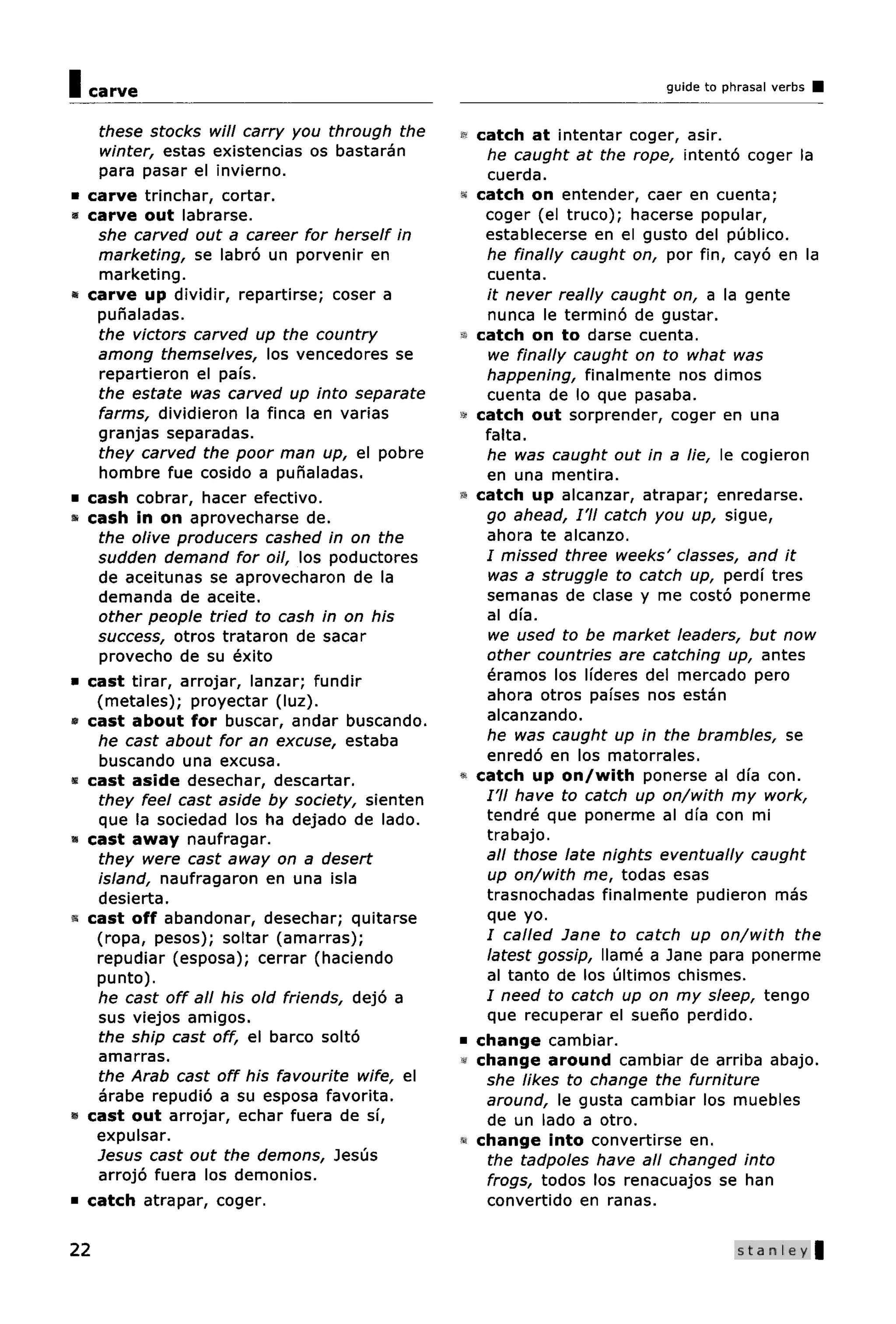 I   carve                                                                guide to phrasal verbs


     these stocks will carry you through the    « catch at intentar coger, asir.
     winter, estas existencias os bastaran         he caught at the rope, intento coger la
     para pasar el invierno.                       cuerda.
•   carve trinchar, cortar.                     « catch on entender, caer en cuenta;
•   carve out labrarse.                            coger (el truco); hacerse popular,
     she carved out a career for herself in        establecerse en el gusto del publico.
     marketing, se labro un porvenir en            he finally caught on, por fin, cayo en la
     marketing.                                    cuenta.
»   carve up dividir, repartirse; coser a          it never really caught on, a la gente
     puhaladas.                                    nunca le termino de gustar.
     the victors carved up the country          « catch on to darse cuenta.
     among themselves, los vencedores se            we finally caught on to what was
     repartieron el pafs.                          happening, finalmente nos dimos
     the estate was carved up into separate        cuenta de lo que pasaba.
     farms, dividieron la finca en varias       » catch out sorprender, coger en una
     granjas separadas.                            faita.
     they carved the poor man up, el pobre         he was caught out in a lie, le cogieron
     hombre fue cosido a punaladas.                en una mentira.
•   cash cobrar, hacer efectivo.                « catch up alcanzar, atrapar; enredarse.
»   cash in on aprovecharse de.                    go ahead, I'll catch you up, sigue,
     the olive producers cashed in on the          ahora te alcanzo.
     sudden demand for oil, los poductores         / missed three weeks' classes, and it
     de aceitunas se aprovecharon de la             was a struggle to catch up, perdf tres
     demanda de aceite.                            semanas de clase y me costo ponerme
     other people tried to cash in on his          al dfa.
     success, otros trataron de sacar              we used to be market leaders, but now
     provecho de su exito                          other countries are catching up, antes
•   cast tirar, arrojar, lanzar; fundir            eramos los Ifderes del mercado pero
     (metales); proyectar (luz).                   ahora otros paises nos estan
«   cast about for buscar, andar buscando.         alcanzando.
     he cast about for an excuse, estaba           he was caught up in the brambles, se
     buscando una excusa.                          enredo en los matorrales.
«   cast aside desechar, descartar.             « catch up on/with ponerse al dfa con.
     they feel cast aside by society, sienten      /'// have to catch up on/with my work,
     que la sociedad los ha dejado de lado.        tendre que ponerme al dfa con mi
«   cast away naufragar.                           trabajo.
     they were cast away on a desert               all those late nights eventually caught
     island, naufragaron en una isla               up on/with me, tod as esas
     desierta.                                     trasnochadas finalmente pudieron mas
•   cast off abandonar, desechar; quitarse         que yo.
     (ropa, pesos); soltar (amarras);              / called Jane to catch up on/with the
     repudiar (esposa); cerrar (haciendo           latest gossip, IIame a Jane para ponerme
     punto).                                       al tanto de los ultimos chismes.
     he cast off all his old friends, dejo a       / need to catch up on my sleep, tengo
     sus viejos amigos.                            que recuperar el sueno perdido.
     the ship cast off, el barco solto          • change cambiar.
     amarras.                                   « change around cambiar de arriba abajo.
     the Arab cast off his favourite wife, el      she likes to change the furniture
     arabe repudio a su esposa favorita.           around, le gusta cambiar los muebles
•   cast out arrojar, echar fuera de si,           de un lado a otro.
     expulsar.                                  « change into convertirse en.
     Jesus cast out the demons, Jesus              the tadpoles have all changed into
     arrojo fuera los demonios.                    frogs, todos los renacuajos se han
•   catch atrapar, coger.                          convertido en ranas.

22                                                                                  Stanley
 