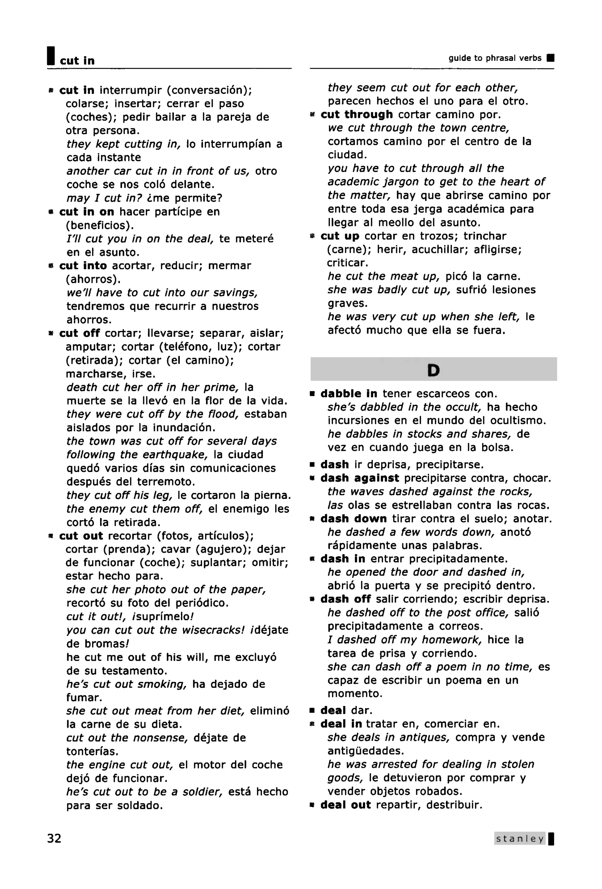 I cut in                                                                   guide to phrasal verbs


« cut in interrumpir (conversacion);                 they seem cut out for each other,
   colarse; insertar; cerrar el paso                 parecen hechos el uno para el otro.
   (coches); pedir bailar a la pareja de          * cut through cortar camino por.
   otra persona.                                     we cut through the town centre,
   they kept cutting in, lo interrumpian a           cortamos camino por el centre de la
   cada instante                                     ciudad.
   another car cut in in front of us, otro           you have to cut through all the
   coche se nos colo delante.                        academic jargon to get to the heart of
   may I cut in? ¿me permite?                        the matter, hay que abrirse camino por
« cut in on hacer partfcipe en                       entre toda esa jerga academica para
   (beneficios).                                     llegar al meollo del asunto.
   /'// cut you in on the deal, te metere         « cut up cortar en trozos; trinchar
   en el asunto.                                     (carne); herir, acuchillar; afligirse;
* cut into acortar, reducir; mermar                  criticar.
   (ahorros).                                        he cut the meat up, pico la carne.
   we'll have to cut into our savings,               she was badly cut up, sufrio lesiones
   tendremos que recurrir a nuestros                 graves.
   ahorros.                                          he was very cut up when she left, le
* cut off cortar; llevarse; separar, aislar;         afecto mucho que ella se fuera.
   amputar; cortar (telefono, luz); cortar
   (retirada); cortar (el camino);
   marcharse, irse.                                                    D
   death cut her off in her prime, la
                                                  • dabble in tener escarceos con.
   muerte se la llevo en la flor de la vida.
                                                     she's dabbled in the occult, ha hecho
   they were cut off by the flood, estaban
                                                     incursiones en el mundo del ocultismo.
   aislados por la inundacion.
                                                     he dabbles in stocks and shares, de
   the town was cut off for several days
                                                     vez en cuando juega en la bolsa.
   following the earthquake, la ciudad
   quedo varios dfas sin comunicaciones           • dash ir deprisa, precipitarse.
   despues del terremoto.                         • dash against precipitarse contra, chocar.
   they cut off his leg, le cortaron la pierna.      the waves dashed against the rocks,
   the enemy cut them off, el enemigo les            las olas se estrellaban contra las rocas.
   corto la retirada.                             • dash down tirar contra el suelo; anotar.
* cut out recortar (fotos, artfculos);               he dashed a few words down, anoto
   cortar (prenda); cavar (agujero); dejar           rapidamente unas palabras.
   de funcionar (coche); suplantar; omitir;       « dash in entrar precipitadamente.
   estar hecho para.                                 he opened the door and dashed in,
   she cut her photo out of the paper,               abrio la puerta y se precipito dentro.
   recorto su foto del periodico.                 • dash off salir corriendo; escribir deprisa.
   cut it out!, /'suprfmelo/                         he dashed off to the post office, salio
   you can cut out the wisecracks! /dejate           precipitadamente a correos.
   de bromas/                                        I dashed off my homework, hice la
   he cut me out of his will, me excluyo             tarea de prisa y corriendo.
   de su testamento.                                 she can dash off a poem in no time, es
   he's cut out smoking, ha dejado de                capaz de escribir un poema en un
   fumar.                                            momento.
   she cut out meat from her diet, elimino        • deal dar.
   la came de su dieta.                           « deal in tratar en, comerciar en.
   cut out the nonsense, dejate de                   she deals in antiques, compra y vende
   tonterfas.                                        antiguedades.
   the engine cut out, el motor del coche            he was arrested for dealing in stolen
   dejo de funcionar.                                goods, le detuvieron por comprar y
   he's cut out to be a soldier, esta hecho          vender objetos robados.
   para ser soldado.                              « deal out repartir, destribuir.

32                                                                                    stanley
 