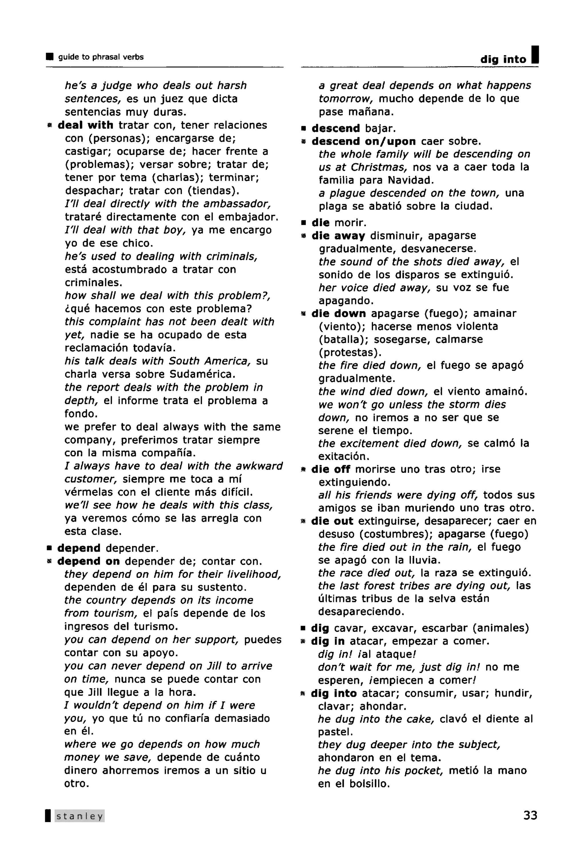 guide to phrasal verbs                                                         dig into   I
   he's a judge who deals out harsh                a great deal depends on what happens
   sentences, es un juez que dicta                 tomorrow, mucho depende de lo que
   sentencias muy duras.                           pase manana.
* deal with tratar con, tener relaciones      •   descend bajar.
   con (personas); encargarse de;             •   descend on/upon caer sobre.
   castigar; ocuparse de; hacer frente a           the whole family will be descending on
   (problemas); versar sobre; tratar de;           us at Christmas, nos va a caer toda la
   tener por tema (charlas); terminar;             familia para Navidad.
   despachar; tratar con (tiendas).                a plague descended on the town, una
   I'll deal directly with the ambassador,         plaga se abatio sobre la ciudad.
   tratare directamente con el embajador.     •   die morir.
   /'// deal with that boy, ya me encargo     »   die away disminuir, apagarse
   yo de ese chico.                                gradualmente, desvanecerse.
   he's used to dealing with criminals,            the sound of the shots died away, el
   esta acostumbrado a tratar con                  sonido de los disparos se extinguio.
   criminales.                                     her voice died away, su voz se fue
   how shall we deal with this problem?,           apagando.
   ¿que hacemos con este problema?            «   die down apagarse (fuego); amainar
   this complaint has not been dealt with          (viento); hacerse menos violenta
   yet, nadie se ha ocupado de esta                (batalla); sosegarse, calmarse
   reclamacion todavia.                            (protestas).
   his talk deals with South America, su           the fire died down, el fuego se apago
   charla versa sobre Sudamerica.                  gradualmente.
   the report deals with the problem in            the wind died down, el viento amaino.
   depth, el informe trata el problema a           we won't go unless the storm dies
   fondo.                                          down, no iremos a no ser que se
   we prefer to deal always with the same          serene el tiempo.
   company, preferimos tratar siempre              the excitement died down, se calmo la
   con la misma compafifa.                         exitacion.
   I always have to deal with the awkward     «   die off morirse uno tras otro; irse
   customer, siempre me toca a mi                  extinguiendo.
   vermelas con el cliente mas dificil.            all his friends were dying off, todos sus
   we'll see how he deals with this class,         amigos se iban muriendo uno tras otro.
   ya veremos como se las arregla con         •   die out extinguirse, desaparecer; caer en
   esta clase.                                     desuso (costumbres); apagarse (fuego)
* depend depender.                                 the fire died out in the rain, el fuego
* depend on depender de; contar con.               se apago con la lluvia.
   they depend on him for their livelihood,        the race died out, la raza se extinguio.
   dependen de el para su sustento.                the last forest tribes are dying out, las
   the country depends on its income               ultimas tribus de la selva estan
   from tourism, el pais depende de los            desapareciendo.
   ingresos del turismo.                      •   dig cavar, excavar, escarbar (animales)
   you can depend on her support, puedes      »   dig in atacar, empezar a comer.
   contar con su apoyo.                            dig in! /aI ataque/
   you can never depend on Jill to arrive          don't wait for me, just dig in! no me
   on time, nunca se puede contar con              esperen, /empiecen a comer/
   que Jill llegue a la hora.                 »   dig into atacar; consumir, usar; hundir,
   I wouldn't depend on him if I were              clavar; ahondar.
   you, yo que tu no confiaria demasiado           he dug into the cake, clavo el diente al
   en el.                                          pastel.
   where we go depends on how much                 they dug deeper into the subject,
   money we save, depende de cuanto                ahondaron en el tema.
   dinero ahorremos iremos a un sitio u            he dug into his pocket, metio la mano
   otro.                                           en el bolsillo.

| Stanley                                                                                33
 