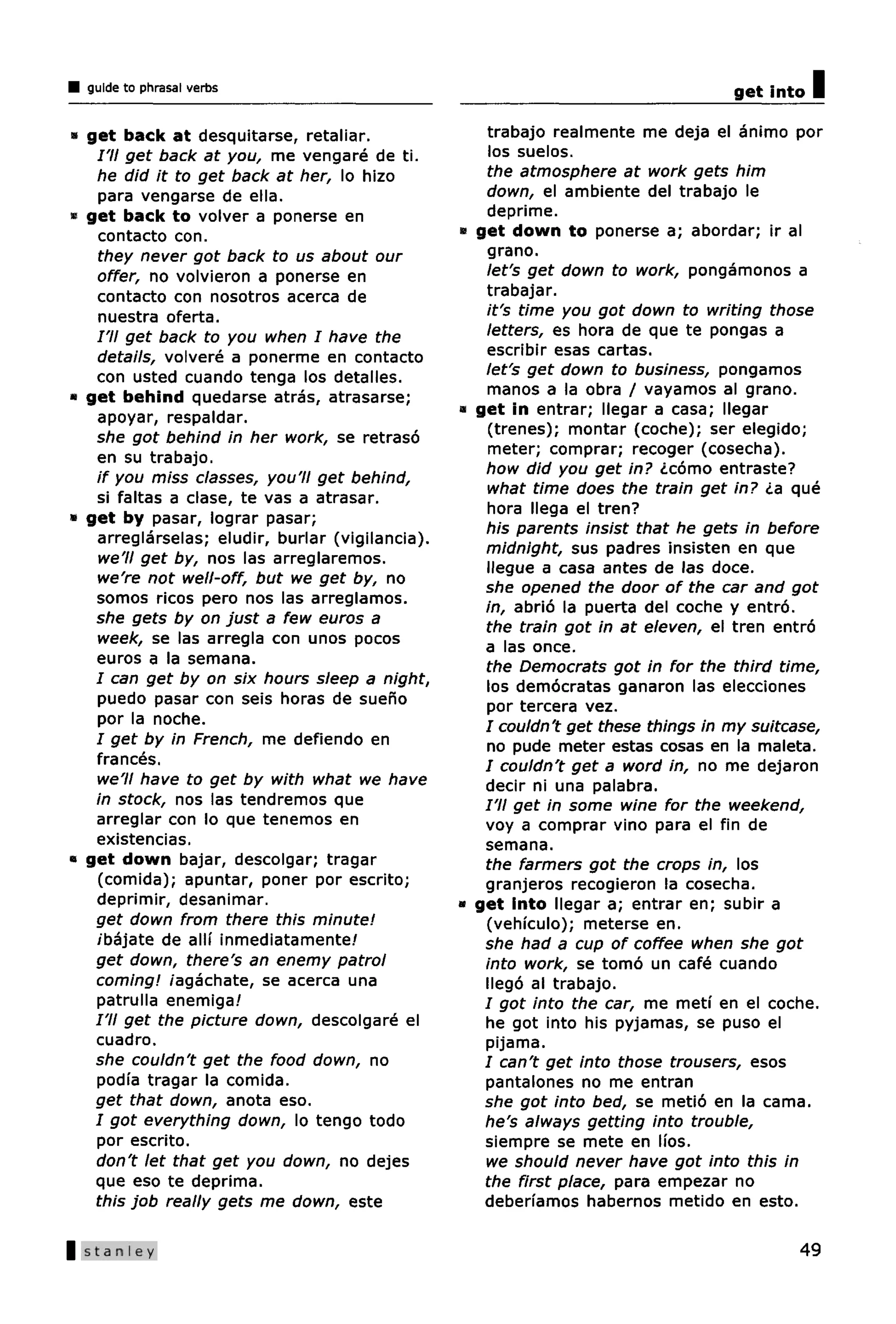 guide to phrasal verbs                                                           get into   I
» get back at desquitarse, retaliar.                trabajo realmente me deja el animo por
   I'll get back at you, me vengare de ti.           los suelos.
   he did it to get back at her, lo hizo            the atmosphere at work gets him
   para vengarse de ella.                           down, el ambiente del trabajo le
* get back to volver a ponerse en                   deprime.
   contacto con.                                 • get down to ponerse a; abordar; ir al
   they never got back to us about our              grano.
   offer, no volvieron a ponerse en                 let's get down to work, pongamonos a
   contacto con nosotros acerca de                  trabajar.
   nuestra oferta.                                  it's time you got down to writing those
   I'll get back to you when I have the             letters, es hora de que te pongas a
   details, volvere a ponerme en contacto           escribir esas cartas.
   con usted cuando tenga los detalles.             let's get down to business, pongamos
• get behind quedarse atras, atrasarse;             manos a la obra / vayamos al grano.
   apoyar, respaldar.                            • get in entrar; llegar a casa; llegar
   she got behind in her work, se retraso            (trenes); montar (coche); ser elegido;
   en su trabajo.                                    meter; comprar; recoger (cosecha).
   if you miss classes, you'll get behind,          how did you get in? ¿como entraste?
                                                     what time does the train get in? ¿a que
   si faltas a clase, te vas a atrasar.
                                                    hora IIega el tren?
* get by pasar, lograr pasar;
                                                    his parents insist that he gets in before
   arreglarselas; eludir, burlar (vigilancia).
                                                    midnight, sus padres insisten en que
   we'll get by, nos las arreglaremos.
                                                    llegue a casa antes de las doce.
   we're not well-off, but we get by, no            she opened the door of the car and got
   somos ricos pero nos las arreglamos.             in, abrio la puerta del coche y entro.
   she gets by on just a few euros a                the train got in at eleven, el tren entro
   week, se las arregla con unos pocos              a las once.
   euros a la semana.                               the Democrats got in for the third time,
   I can get by on six hours sleep a night,         los democratas ganaron las elecciones
   puedo pasar con seis horas de suefio             por tercera vez.
   por la noche.                                    I couldn't get these things in my suitcase,
   I get by in French, me defiendo en               no pude meter estas cosas en la maleta.
   franees.                                         I couldn't get a word in, no me dejaron
   we'll have to get by with what we have           decir ni una palabra.
   in stock, nos las tendremos que                  I'll get in some wine for the weekend,
   arreglar con lo que tenemos en                   voy a comprar vino para el fin de
   existencias.                                     semana.
• get down bajar, descolgar; tragar                 the farmers got the crops in, los
   (comida); apuntar, poner por escrito;            granjeros recogieron la cosecha.
   deprimir, desanimar.                          • get into llegar a; entrar en; subir a
   get down from there this minute!                 (vehiculo); meterse en.
   /bajate de alli inmediatamente/                  she had a cup of coffee when she got
   get down, there's an enemy patrol                into work, se tomo un cafe cuando
   coming! /agachate, se acerca una                 llego al trabajo.
   patrulla enemiga/                                / got into the car, me met? en el coche.
   /'// get the picture down, descolgare el         he got into his pyjamas, se puso el
   cuadro.                                          pijama.
   sAje couldn't get the food down, no              / can't get into those trousers, esos
   podia tragar la comida.                          pantalones no me entran
   get that down, anota eso.                        she got into bed, se metio en la cama.
   I got everything down, lo tengo todo             he's always getting into trouble,
   por escrito.                                     siempre se mete en Ifos.
   don't let that get you down, no dejes            we should never have got into this in
   que eso te deprima.                              the first place, para empezar no
   this job really gets me down, este               deberfamos habernos metido en esto.

 Stanley                                                                                    49
 