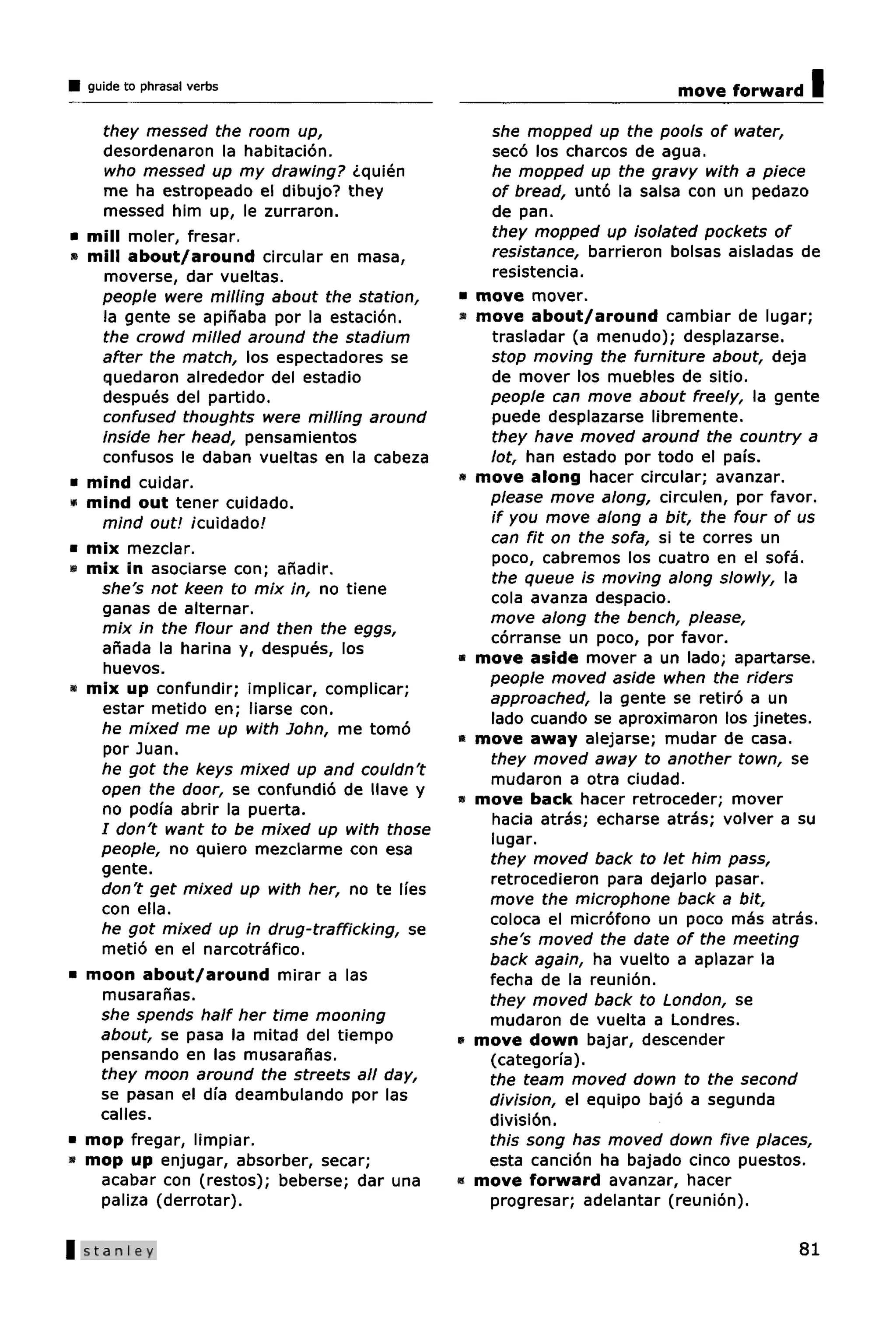 guide to phrasal verbs                                                 move forward   I
     they messed the room up,                       she mopped up the pools of water,
     desordenaron la habitacion.                    seco los charcos de agua.
      who messed up my drawing? ¿quien              he mopped up the gravy with a piece
     me ha estropeado el dibujo? they               of bread, unto la salsa con un pedazo
     messed him up, le zurraron.                    de pan.
•   mill moler, fresar.                             they mopped up isolated pockets of
»   mill about/around circular en masa,             resistance, barrieron bolsas aisladas de
      moverse, dar vueltas.                         resistencia.
     people were milling about the station,    *   move mover.
     la gente se apinaba por la estacion.      »   move about/around cambiar de lugar;
     the crowd milled around the stadium            trasladar (a menudo); desplazarse.
     after the match, los espectadores se           stop moving the furniture about, deja
     quedaron alrededor del estadio                 de mover los muebles de sitio.
     despues del partido.                           people can move about freely, la gente
     confused thoughts were milling around          puede desplazarse libremente.
     inside her head, pensamientos                  they have moved around the country a
     confusos le daban vueltas en la cabeza         lot, nan estado por todo el pais.
•   mind cuidar.                               *   move along hacer circular; avanzar.
«   mind out tener cuidado.                         please move along, circulen, por favor.
     mind out! icuidado!                            if you move along a bit, the four of us
                                                    can fit on the sofa, si te corres un
•   mix mezclar.                                    poco, cabremos los cuatro en el sofa.
•   mix in asociarse con; ahadir.                   the queue is moving along slowly, la
     she's not keen to mix in, no tiene             cola avanza despacio.
     ganas de alternar.
                                                    move along the bench, please,
     mix in the flour and then the eggs,
                                                    corranse un poco, por favor.
     anada la harina y, despues, los
                                               «   move aside mover a un lado; apartarse.
     huevos.
                                                    people moved aside when the riders
•   mix up confundir; implicar, complicar;
                                                    approached, la gente se retiro a un
     estar metido en; liarse con.
                                                    lado cuando se aproximaron los jinetes.
     he mixed me up with John, me tomo
                                               »   move away alejarse; mudar de casa.
     por Juan.
                                                    they moved away to another town, se
     he got the keys mixed up and couldn't
                                                    mudaron a otra ciudad.
     open the door, se confundio de llave y
                                               *   move back hacer retroceder; mover
     no podfa abrir la puerta.
                                                    hacia atras; echarse atras; volver a su
     / don't want to be mixed up with those
                                                    lugar.
     people, no quiero mezclarme con esa
                                                    they moved back to let him pass,
     gente.
                                                    retrocedieron para dejarlo pasar.
     don't get mixed up with her, no te lies
                                                    move the microphone back a bit,
     con ella.
                                                    coloca el microfono un poco mas atras.
     he got mixed up in drug-trafficking, se
                                                    she's moved the date of the meeting
     metio en el narcotrafico.
                                                    back again, ha vuelto a aplazar la
•   moon about/around mirar a las                   fecha de la reunion.
     musaranas.                                     they moved back to London, se
     she spends half her time mooning               mudaron de vuelta a Londres.
     about, se pasa la mitad del tiempo        »   move down bajar, descender
     pensando en las musaranas.                     (categorfa).
     they moon around the streets all day,          the team moved down to the second
     se pasan el dia deambulando por las            division, el equipo bajo a segunda
     calles.                                        division.
•   mop fregar, limpiar.                            this song has moved down five places,
«   mop up enjugar, absorber, secar;                esta cancion ha bajado cinco puestos.
     acabar con (restos); beberse; dar una     «   move forward avanzar, hacer
     paliza (derrotar).                             progresar; adelantar (reunion).

    Stanley                                                                              81
 