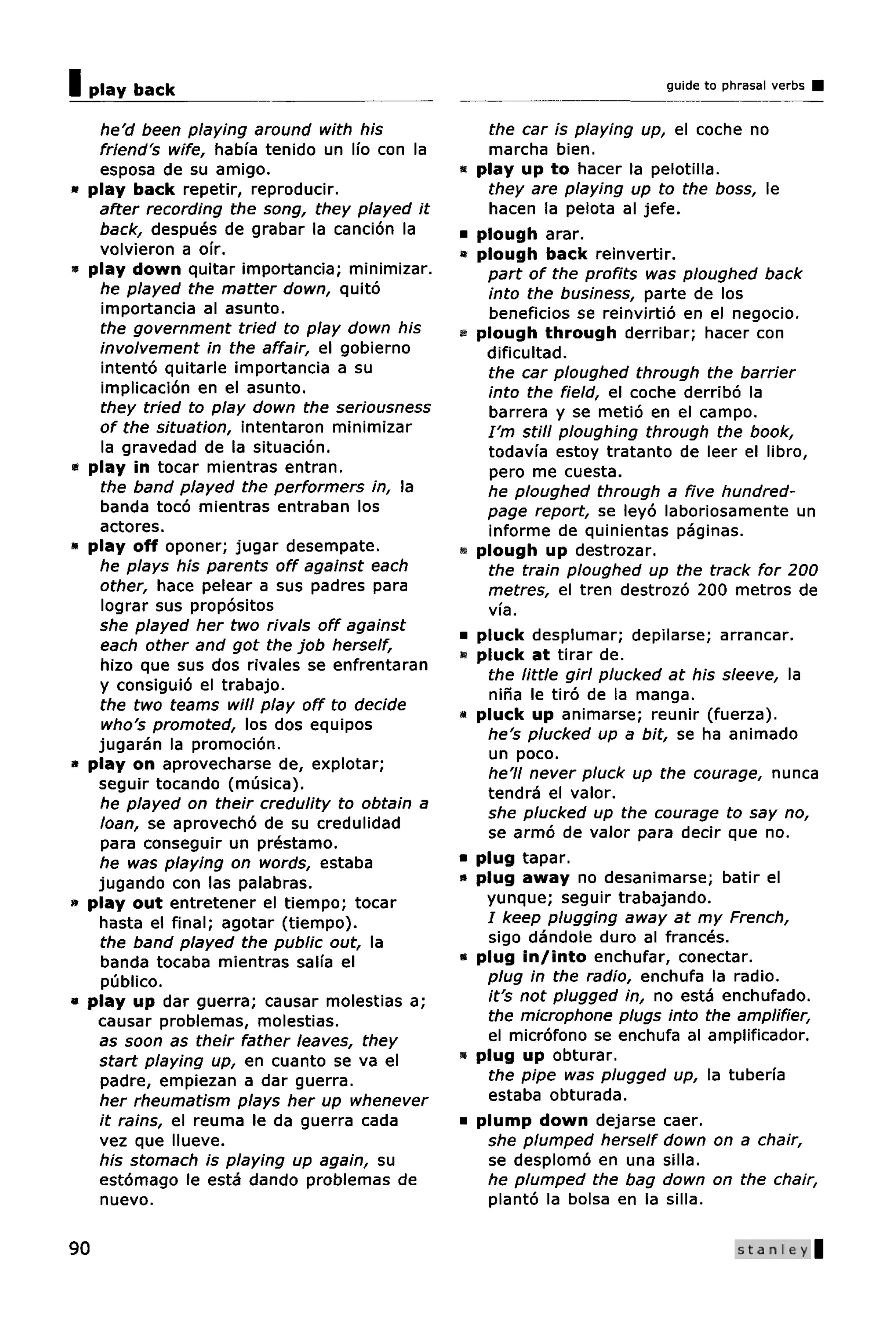 I   play back                                                               guide to phrasal verbs


     he'd been playing around with his                the car is playing up, el coche no
     friend's wife, habia tenido un Iio con la        marcha bien.
     esposa de su amigo.                         •   play up to hacer la pelotilla.
•   play back repetir, reproducir.                    they are playing up to the boss, le
     after recording the song, they played it         hacen la pelota al jefe.
     back, despues de grabar la cancion la       •   plough arar.
     volvieron a oir.                            «   plough back reinvertir.
«   play down quitar importancia; minimizar.          part of the profits was ploughed back
     he played the matter down, quito                 into the business, parte de los
      importancia al asunto.                          beneficios se reinvirtio en el negocio.
     the government tried to play down his       •   plough through derribar; hacer con
     involvement in the affair, el gobierno           dificultad.
      intento quitarle importancia a su               the car ploughed through the barrier
      implicacion en el asunto.                       into the field, el coche derribo la
     they tried to play down the seriousness          barrera y se metio en el campo.
     of the situation, intentaron minimizar           I'm still ploughing through the book,
      la gravedad de la situacion.                    todavfa estoy tratanto de leer el libro,
•   play in tocar mientras entran.                    pero me cuesta.
     the band played the performers in, la            he ploughed through a five hundred-
     banda toco mientras entraban los                 page report, se leyo laboriosamente un
     actores.                                         informe de quinientas paginas.
*   play off oponer; jugar desempate.            •   plough up destrozar.
     he plays his parents off against each            the train ploughed up the track for 200
     other, hace pelear a sus padres para             metres, el tren destrozo 200 metros de
      lograr sus propositos                           via.
     she played her two rivals off against       •   pluck desplumar; depilarse; arrancar.
     each other and got the job herself,
                                                 •   pluck at tirar de.
     hizo que sus dos rivales se enfrentaran
                                                      the little girl plucked at his sleeve, la
     y consiguio el trabajo.
                                                      nina le tiro de la manga.
     the two teams will play off to decide
                                                 •   pluck up animarse; reunir (fuerza).
      who's promoted, los dos equipos
                                                      he's plucked up a bit, se ha animado
     jugaran la promocion.
                                                      un poco.
*   play on aprovecharse de, explotar;
                                                      he'll never pluck up the courage, nunca
     seguir tocando (musica).
                                                      tendra el valor.
     he played on their credulity to obtain a
                                                      she plucked up the courage to say no,
     loan, se aprovecho de su credulidad
                                                      se armo de valor para decir que no.
     para conseguir un prestamo.
     he was playing on words, estaba             •   plug tapar.
     jugando con las palabras.                   «   plug away no desanimarse; batir el
a   play out entretener el tiempo; tocar              yunque; seguir trabajando.
     hasta el final; agotar (tiempo).                 I keep plugging away at my French,
     the band played the public out, la               sigo dandole duro al frances.
     banda tocaba mientras salia el              «   plug in/into enchufar, conectar.
     publico.                                         plug in the radio, enchufa la radio.
«   play up dar guerra; causar molestias a;           it's not plugged in, no esta enchufado.
     causar problemas, molestias.                     the microphone plugs into the amplifier,
     as soon as their father leaves, they             el microfono se enchufa al amplificador.
     start playing up, en cuanto se va el        «   plug up obturar.
     padre, empiezan a dar guerra.                    the pipe was plugged up, la tuberfa
     her rheumatism plays her up whenever             estaba obturada.
     it rains, el reuma le da guerra cada        •   plump down dejarse caer.
     vez que llueve.                                  she plumped herself down on a chair,
     his stomach is playing up again, su              se desplomo en una silla.
     estomago le esta dando problemas de              he plumped the bag down on the chair,
     nuevo.                                           planto la bolsa en la silla.

90                                                                                     Stanley |
 