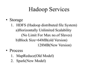 Hadoop Services
• Storage
1. HDFS (Hadoop distributed file System)
a)Horizontally Unlimited Scalability
(No Limit For Max no.of Slaves)
b)Block Size=64MB(old Version)
128MB(New Version)
• Process
1. MapReduce(Old Model)
2. Spark(New Model)
 