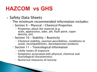  Safety Data Sheets
◦ The minimum recommended information includes:
 Section 9 – Physical / Chemical Properties
 Properties about the material (e.g.
state, appearance, odor, pH, flash point, vapor
density, etc)
 Section 10 – Stability / Reactivity
 Chemical stability, reaction possibilities, conditions to
avoid, incompatibilities, decomposition products
 Section 11 – Toxicological Information
 Likely routes of exposure
 Symptoms associated with physical, chemical and
toxicological characteristics
 Numerical measures of toxicity
 