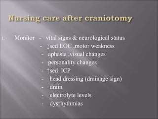 1. Monitor - vital signs & neurological status
- ↓sed LOC ,motor weakness
- aphasia ,visual changes
- personality changes
- ↑sed ICP
- head dressing (drainage sign)
- drain
- electrolyte levels
- dysrhythmias
 