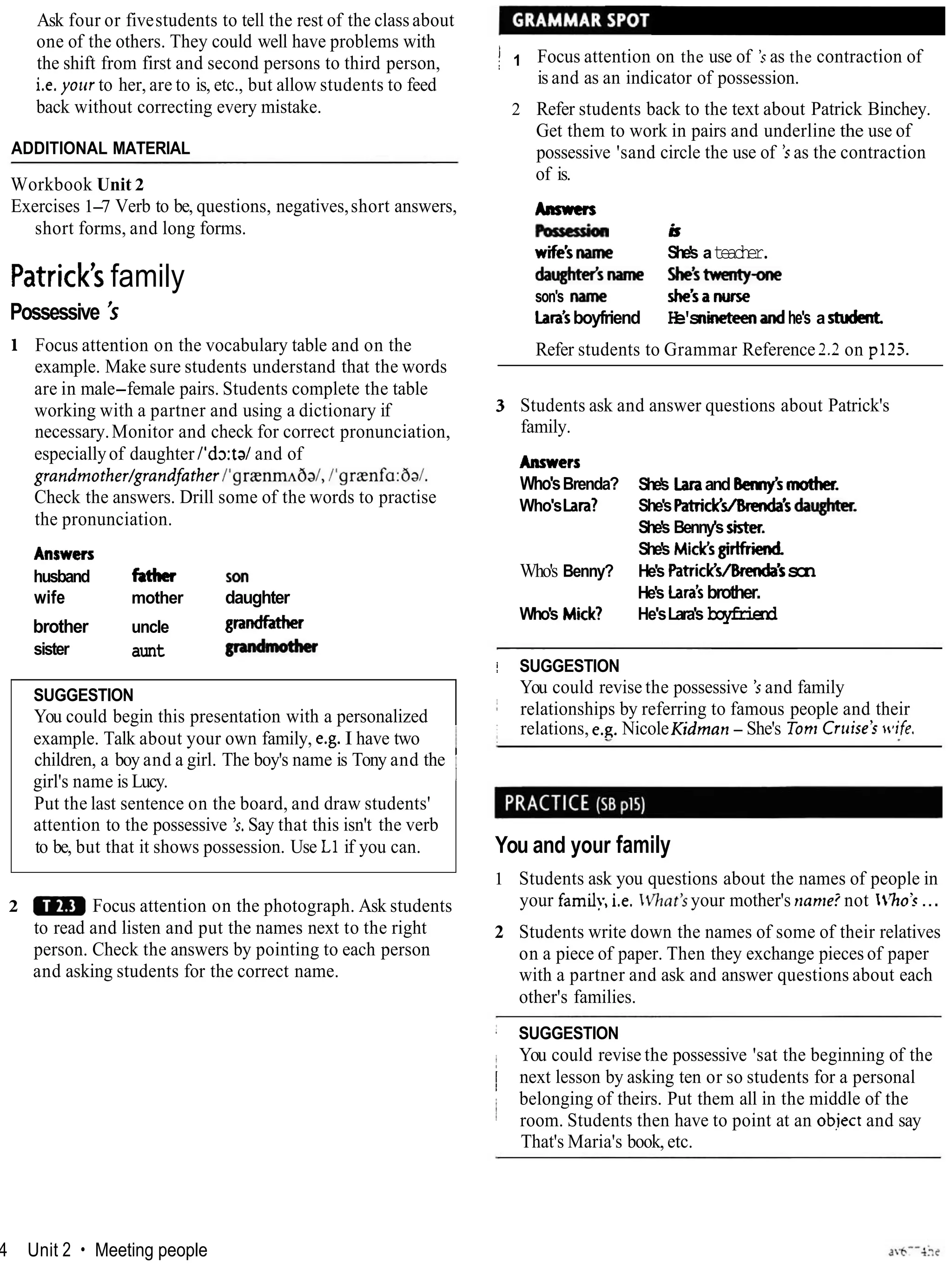 Ask four or fivestudents to tell the rest of the classabout
one of the others. They could well have problems with
the shift from first and second persons to third person,
i.e,your to her, are to is, etc., but allow students to feed
back without correcting every mistake.
ADDITIONAL MATERIAL
Workbook Unit 2
Exercises 1-7 Verb to be, questions, negatives,short answers,
short forms, and long forms.
Patrick family
Possessive 's
1 Focus attention on the vocabulary table and on the
example. Make sure students understand that the words
are in male-female pairs. Students complete the table
working with a partner and using a dictionary if
necessary.Monitor and check for correct pronunciation,
especiallyof daughter l'dxtal and of
grandmothedgrandfather /'gra:nm6al, /'graenfa:6a/.
Check the answers. Drill some of the words to practise
the pronunciation.
Answers
husband fatha son
wife mother daughter
brother uncle grandfather
sister aunt w
SUGGESTION
You could begin this presentation with a personalized
example. Talk about your own family, e.g. I have two
I
children, a boy and a girl. The boy's name is Tony and the 1
girl's name is Lucy. I
Put the last sentence on the board, and draw students'
attention to the possessive 's. Say that this isn't the verb
to be, but that it shows possession. Use L1 if you can.
2 tjlR Focus attention on the photograph. Ask students
to read and listen and put the names next to the right
person. Check the answers by pointing to each person
and asking students for the correct name.
' 1 Focus attention on the use of 's as the contraction of
is and as an indicator of possession.
2 Refer students back to the text about Patrick Binchey.
Get them to work in pairs and underline the use of
possessive 'sand circle the use of 'sas the contraction
of is.
kamrs
ir
wifesname She's ateacher.
daughter'smme She'stwentylme
son's name shefanurse
Lara'sboyfriend H
e
'
snineteenandhe's a student.
Refer students to Grammar Reference 2.2 on p123.
3 Students ask and answer questions about Patrick's
family.
Answers
Who'sBrenda? She's Laraand Bemy'smother.
Who'sLara? She'sP a t r i c k ' M s daughter.
She's Benny's sistw.
She's MicKsgirffriend
Who's Benny? He's PatricKs/&enda'sson
He's Lara'sbrother.
Who's Mid? He'sLara's boyfriend
- - - ~ - --
i SUGGESTION
'
You could revise the possessive 'sand family
; relationships by referring to famous people and their
: relations, e.g. NicoleKidman - She's Ton1 Cruise's wife.
You and your family
1 Students ask you questions about the names of people in
your famil!; i.e. 1t"rlat'syour mother's name?not 'he's ...
2 Students write down the names of some of their relatives
on a piece of paper. Then they exchange pieces of paper
with a partner and ask and answer questions about each
other's families.
: SUGGESTION
i You could revise the possessive 'sat the beginning of the
/ next lesson by asking ten or so students for a personal
:i
belonging of theirs. Put them all in the middle of the
i room. Students then have to point at an object and say
That's Maria's book, etc.
14 Unit 2 Meeting people
 