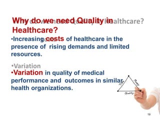 Why do we need Quality in
Healthcare?
•Increasing costs of healthcare in the
presence of rising demands and limited
resources.
•Variation in quality of medical
performance and outcomes in similar
health organizations.
19
 