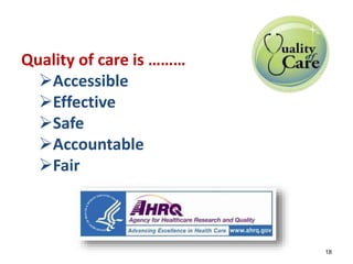 Quality of care is ……… 
Accessible 
Effective 
Safe 
Accountable 
Fair 
18 
 
