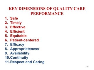 KEY DIMENSIONS OF QUALITY CARE 
PERFORMANCE 
1. Safe 
2. Timely 
3. Effective 
4. Efficient 
5. Equitable 
6. Patient-centered 
7. Efficacy 
8. Appropriateness 
9. Availability 
10.Continuity 
11.Respect and Caring 
27 
 