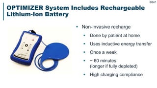 CO-7
OPTIMIZER System Includes Rechargeable
Lithium-Ion Battery
 Non-invasive recharge
 Done by patient at home
 Uses inductive energy transfer
 Once a week
 ~ 60 minutes
(longer if fully depleted)
 High charging compliance
 