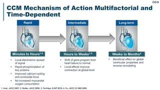 CO-9
CCM Mechanism of Action Multifactorial and
Time-Dependent
 Local electrotonic spread
of signal
 Rapid phosphorylation of
key proteins
 Improved calcium cycling
and contractile force
 No increased myocardial
oxygen consumption
 Shift of gene program from
heart failure to normal
 Local effects improve
contraction at global level
 Beneficial effect on global
ventricular properties and
reverse remodeling
1. Imai, JACC 2007; 2. Butter, JACC 2008; 3. Tschöpe, EJHF 2018; 4. Yu, JACC CV IMG 2009
 