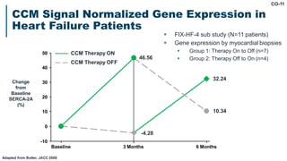 CO-11
CCM Signal Normalized Gene Expression in
Heart Failure Patients
-10
Baseline
0
10
20
30
40
50
Change
from
Baseline
SERCA-2A
(%)
3 Months 6 Months
32.24
-4.28
10.34
46.56
CCM Therapy ON
CCM Therapy OFF
Adapted from Butter, JACC 2008
 FIX-HF-4 sub study (N=11 patients)
 Gene expression by myocardial biopsies
 Group 1: Therapy On to Off (n=7)
 Group 2: Therapy Off to On (n=4)
 