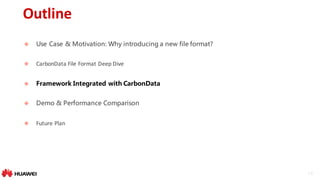 18
Outline
u Use Case & Motivation: Why introducing a new file format?
u CarbonData	File	Format	Deep	Dive
u Framework Integrated with CarbonData
u Demo & Performance Comparison
u Future	Plan
 