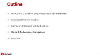 22
Outline
u Use Case & Motivation: Why introducing a new file format?
u CarbonData	File	Format	Deep	Dive
u Framework Integrated with CarbonData
u Demo & Performance Comparison
u Future	Plan
 